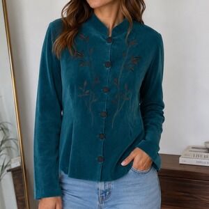 Studio C Embroidered Jacket Womens 16 Teal Velvet Look Blazer Boho Artsy Vintage